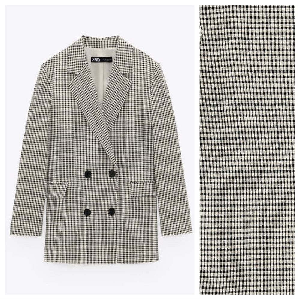 NWOT. Zara Black/Cream Check Double Breasted Blazer/Jacket. Size XS.